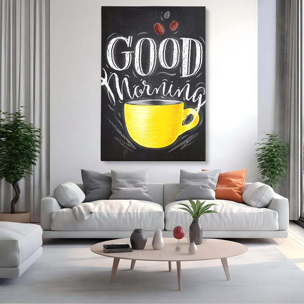 Tablou canvas cu tablou canvas cu ceasca galbena, fara rama, pe sasiu de lemn, pe perete intr-un living